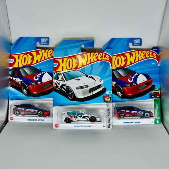 Hot Wheels Honda Lot of 3x - Honda Civic Custom White & Red Blue HW Reverse Rake